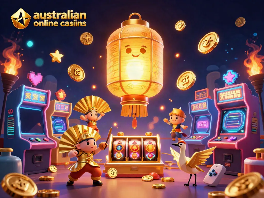 Experience vibrant gaming at australian online casinos with 3D lantern spirits and arcade elements.