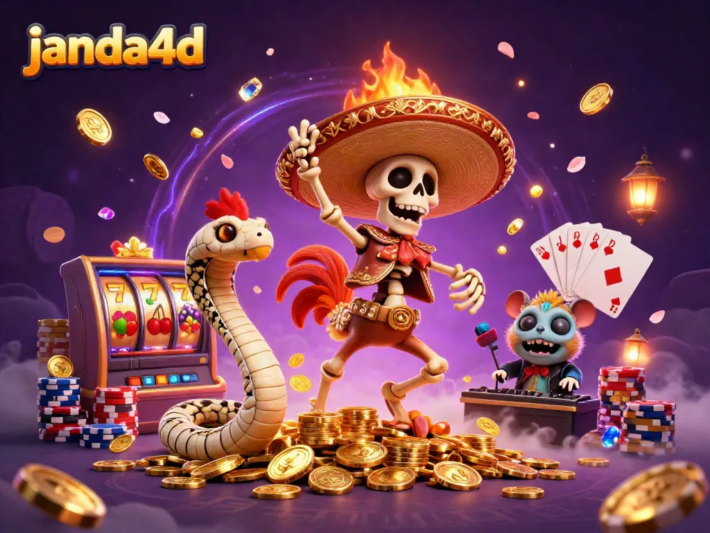 Janda4D menampilkan karakter skeleton mariachi dan permainan slot di tengah tumpukan koin emas untuk perjudian online.