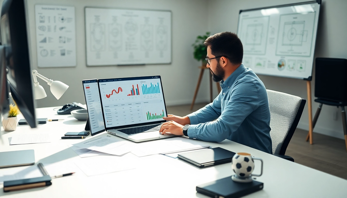 Analyze วิเคราะห์บอล statistics with a soccer analyst reviewing game data and strategies.