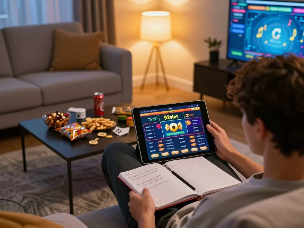 Engaging with 92slot online gaming interface at a cozy home setup