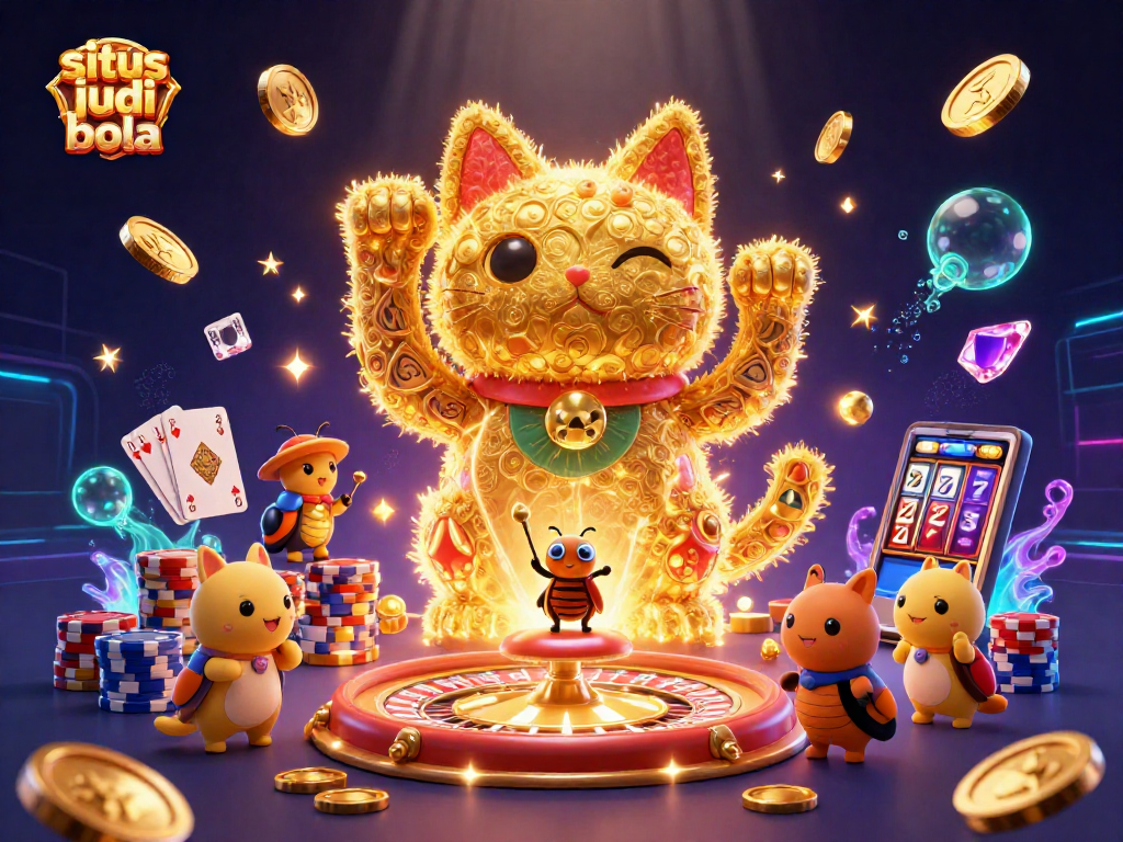 Experience the excitement of situs judi bola with dynamic casino elements and a lucky cat in a vibrant scene.