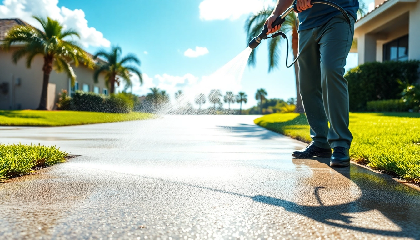 Concrete cleaning in progress, showcasing professional pressure washing team restoring driveway in Kissimmee, FL.