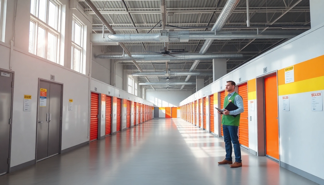 Engaging view of self storage units in a well-lit facility offering secure organization options.