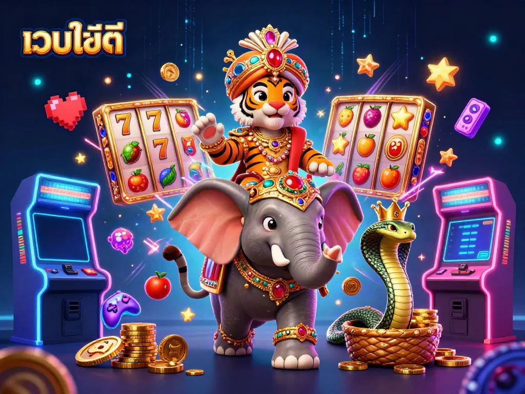 สนุกไปพร้อมกับเว็บไซต์สล็อต โดยมีเสือจากัวร์ตัวใหญ่และช้างทองคำท่ามกลางภาพสวยงาม
