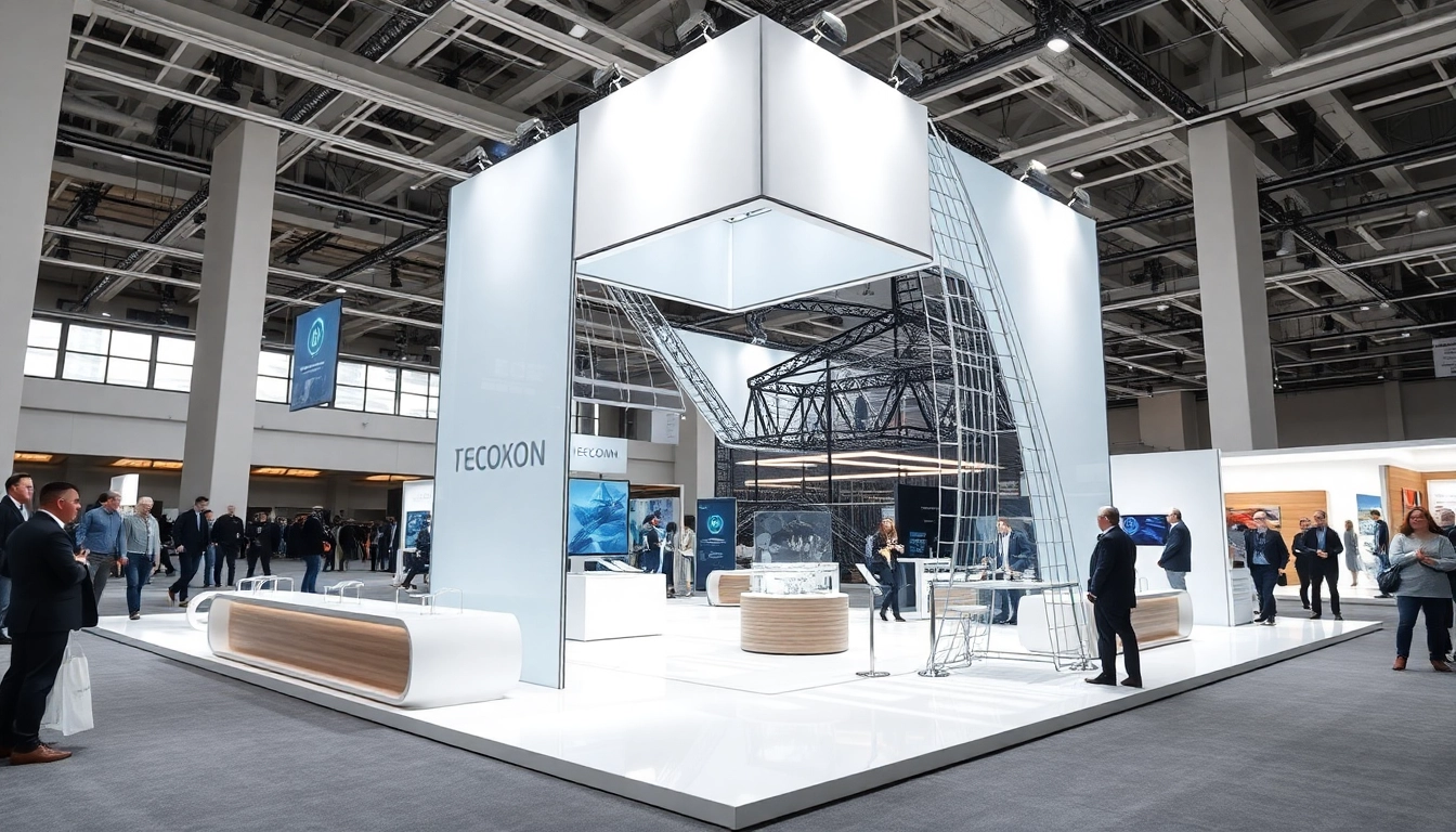 Das Ausstellungsmodell zeigt ein innovatives Messestanddesign in einer Messehalle.