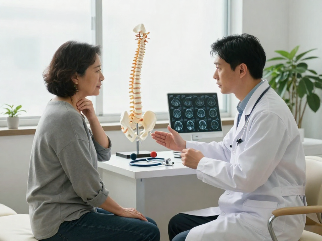 Boyun fıtığı ameliyatı consultation with a patient and doctor in a medical setting.