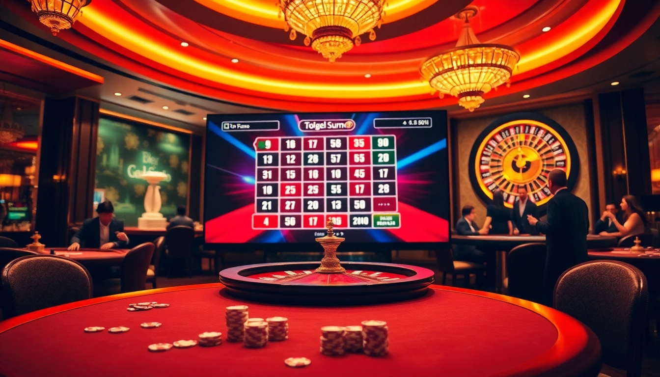 Permainan togel sumo yang menarik dalam interior kasino yang dinamis, menekankan kegembiraan dan taruhan tinggi.
