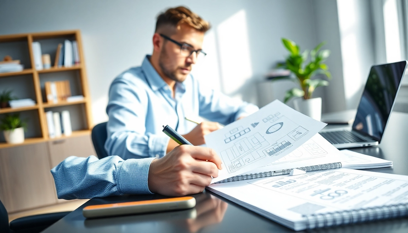 Showcasing technical documentation services in a professional office setting with organized materials.