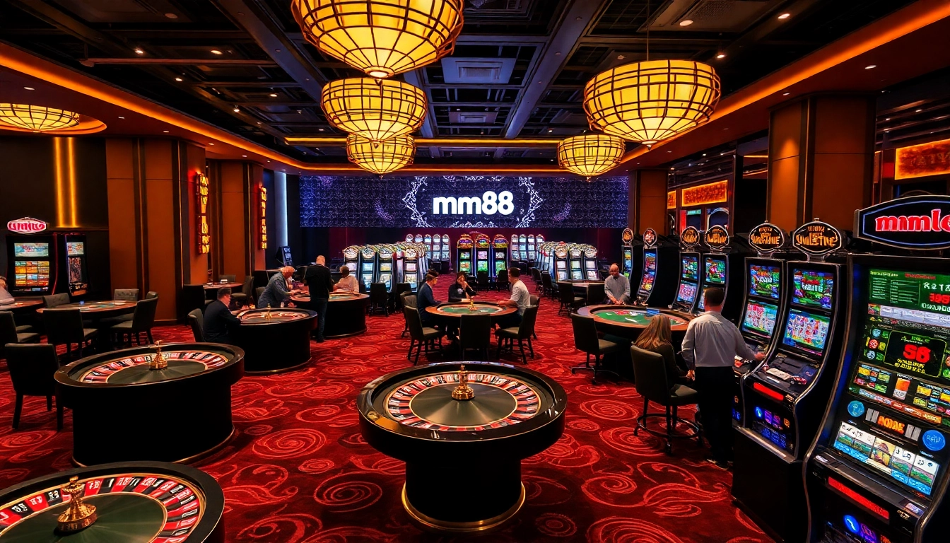 Engaging gambling scene showcasing mm88 casino excitement with players at roulette and poker tables.