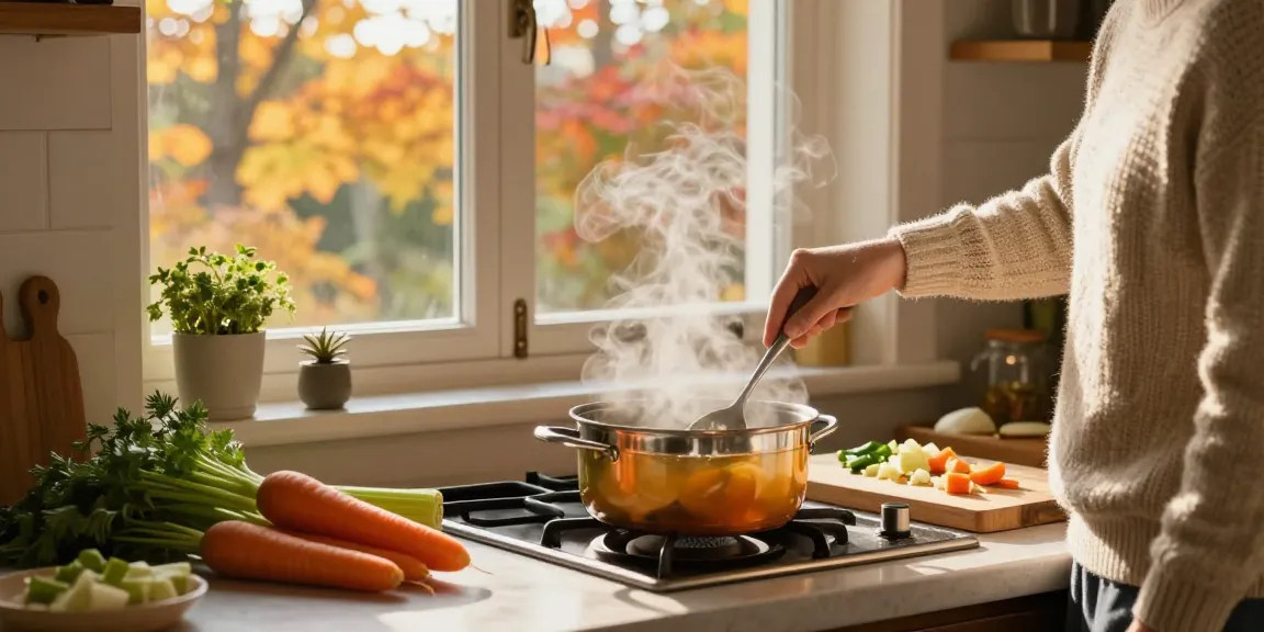Leckere Klare Suppe köchelt in einer gemütlichen Küche, umgeben von frischem Gemüse.