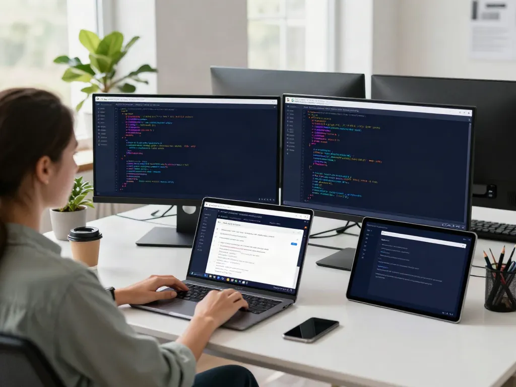 Professional woman coding in Brave browser at a modern workspace with dual monitors.