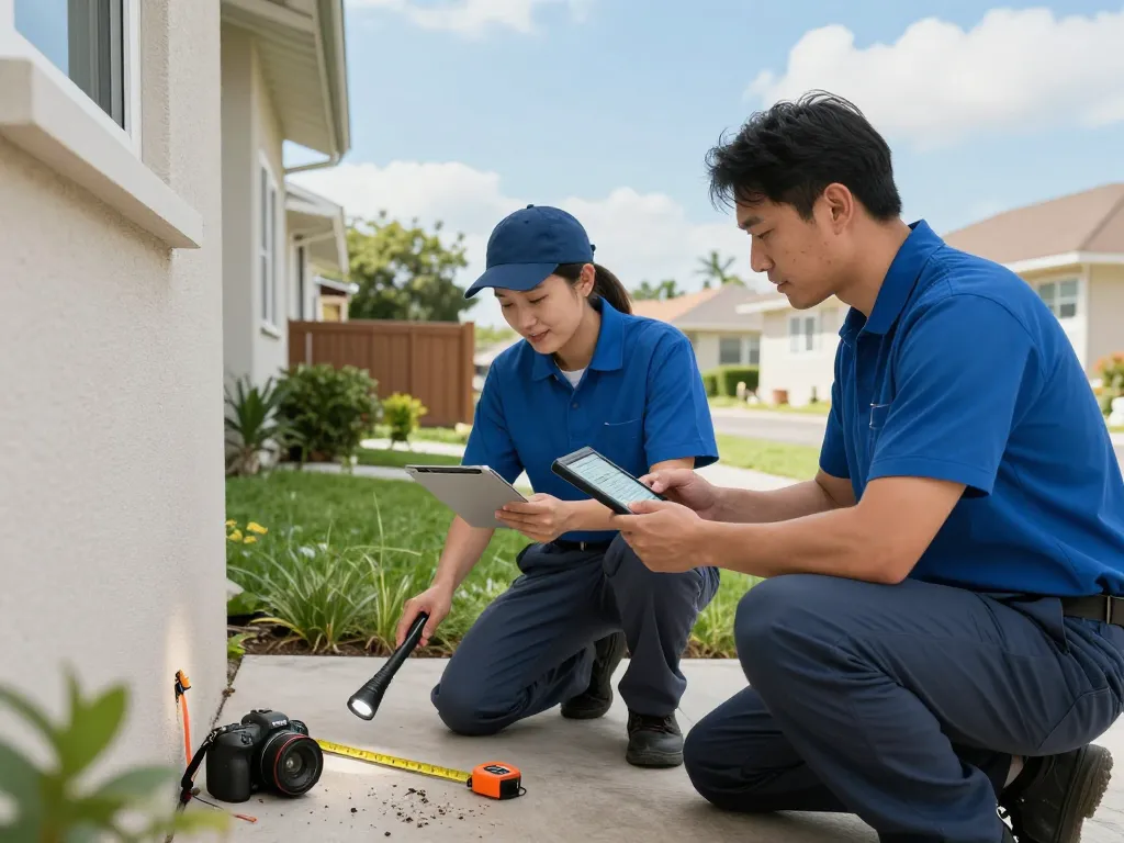 Pest control experts inspecting a residential property for pests and assessing entry points.