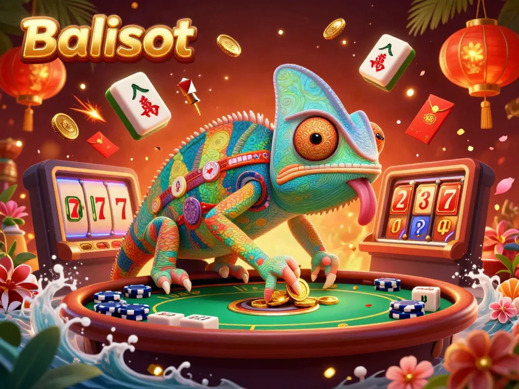 Experience Balislot's vibrant casino atmosphere with a colorful chameleon and dynamic gaming elements.