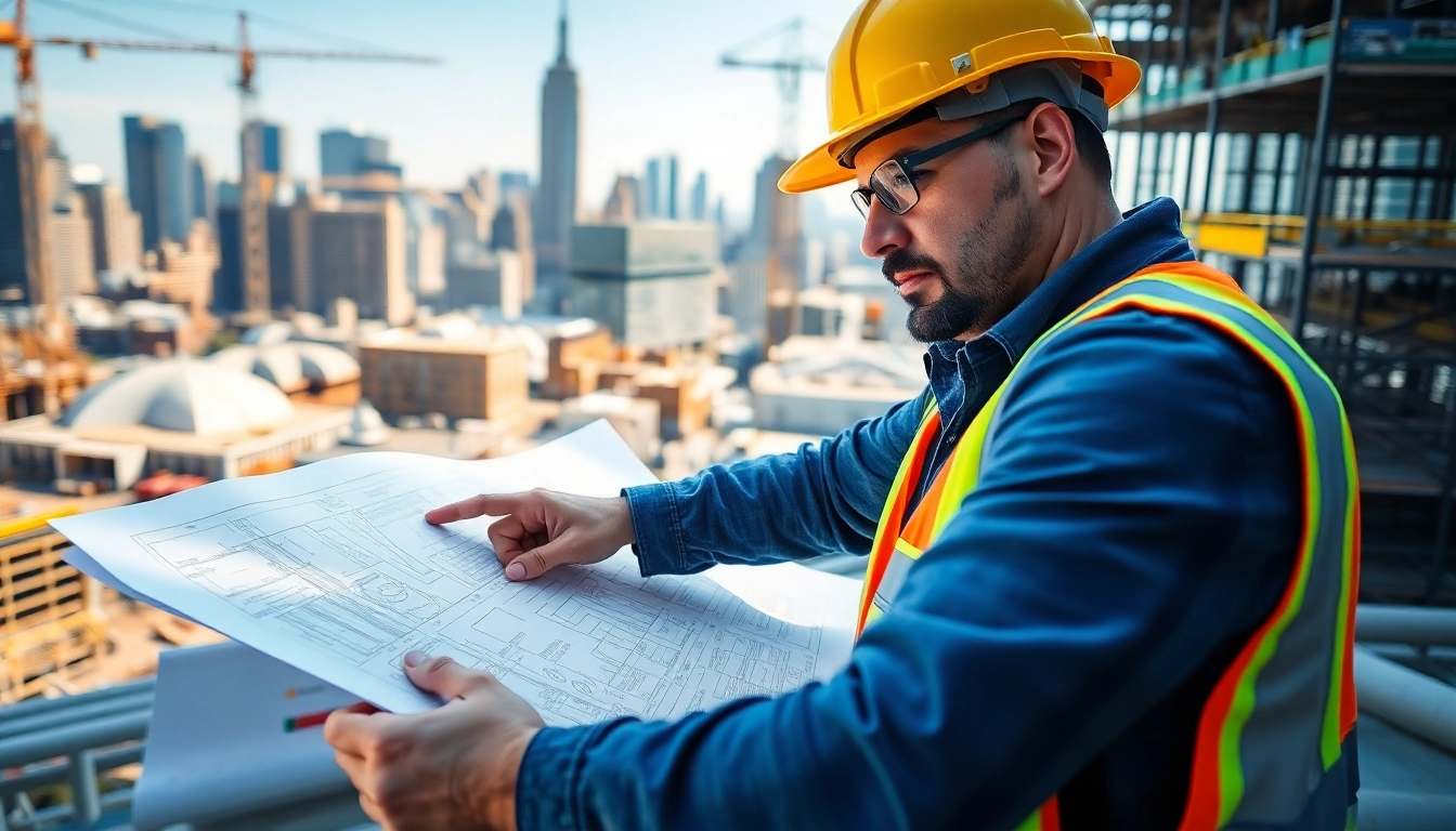 New York General Contractor reviewing project plans at a vibrant construction site.
