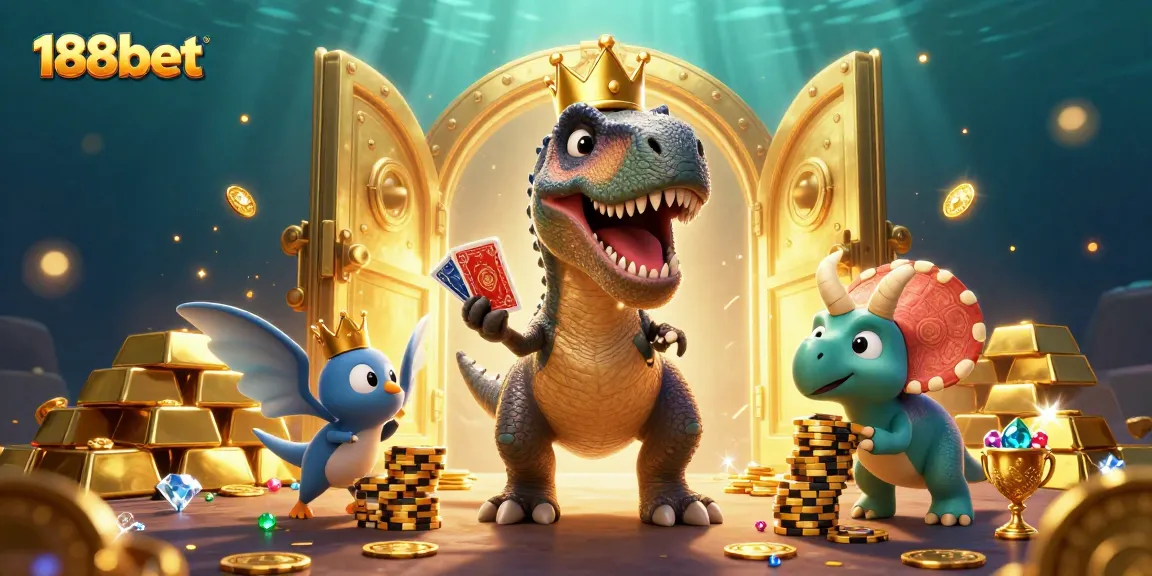 Experience thrilling gameplay with 188bet in a vibrant 3D casino scene filled with gold and gems.