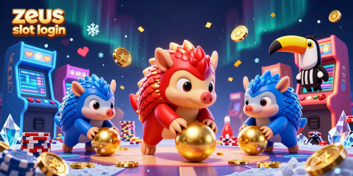 Engage in the zeus slot login with cartoon pangolins bowling through poker chips amidst vibrant gaming elements
