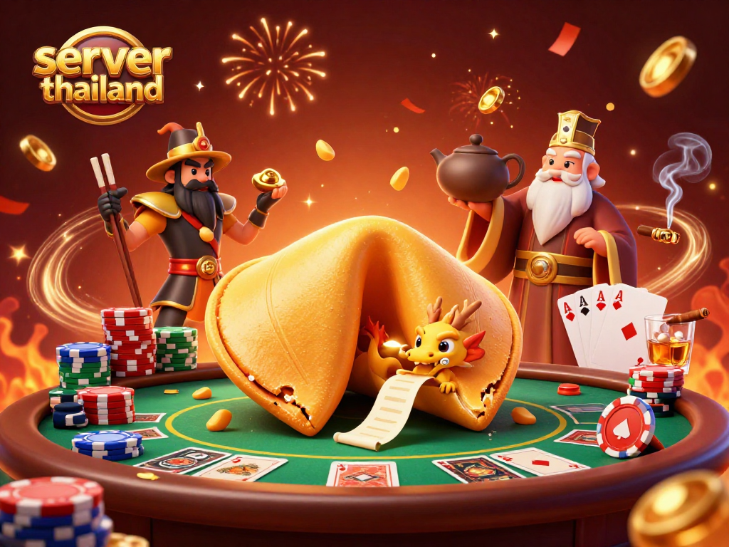 Engage in winning strategies with server thailand, featuring an epic casino showdown with golden fortune cookie characters.
