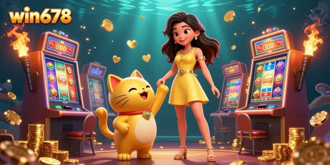 Win678 showcases a captivating casino scene with an Asian woman and a lucky cat, surrounded by vibrant slot machines.