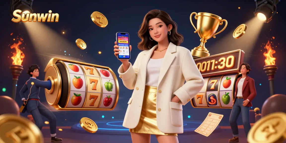 Sunwin spins the reels with vibrant slot symbols and a joyful player, embracing exciting casino gameplay.
