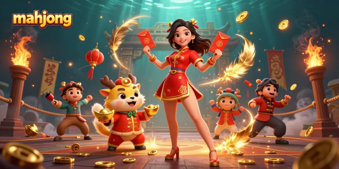 Engage with mahjong strategies in a vibrant 3D illustration showcasing festive elements and action-packed gaming.