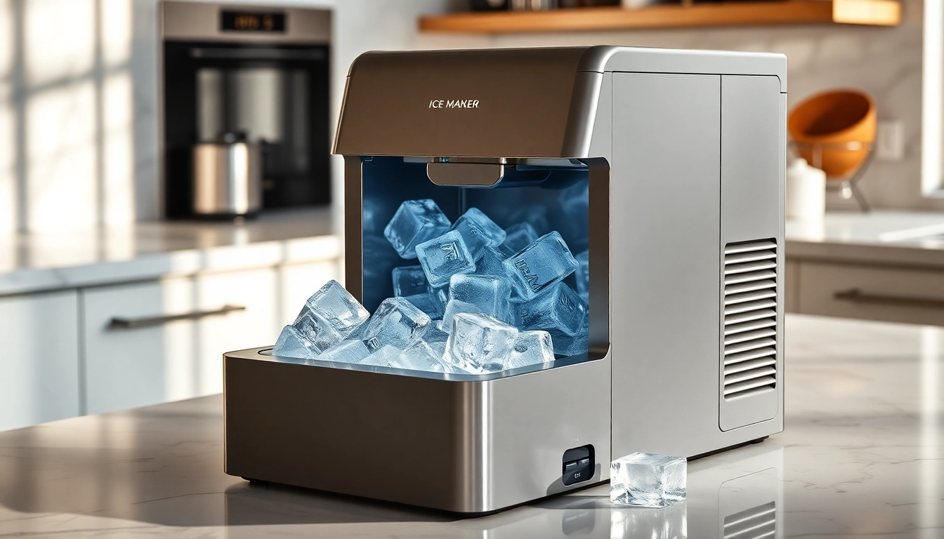 Affordable ice maker showcased in a modern kitchen setting, highlighting its ice-dispensing feature.