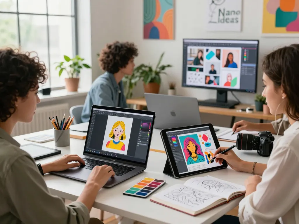 Collaborative workspace with creators using nano banana AI for innovative image editing.