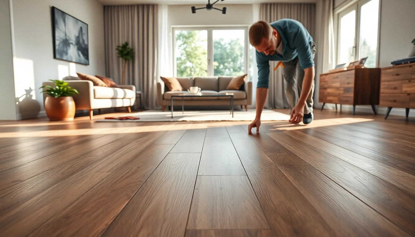 Installing luxury vinyl flooring in a modern living room, showcasing elegant planks.