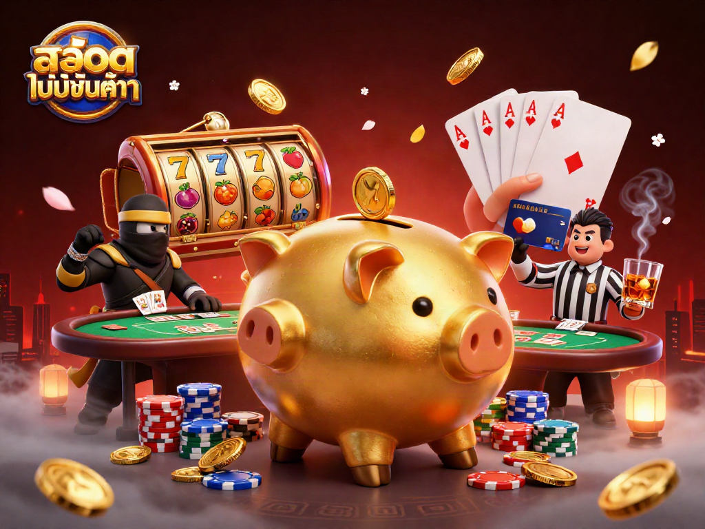 Watch the golden piggy bank sumo wrestler collect coins in สล็อตไม่มีขั้นต่ำ casino showdown.
