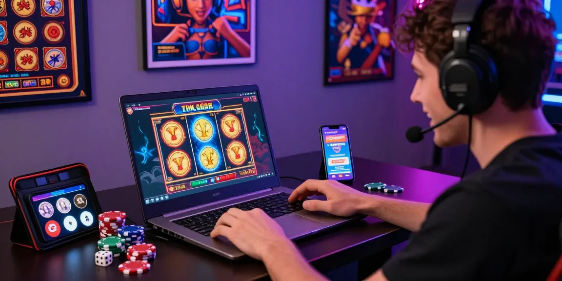 Exciting gaming scene showcasing a player engaging with a colorful slot deposit 1k interface and gaming accessories.
