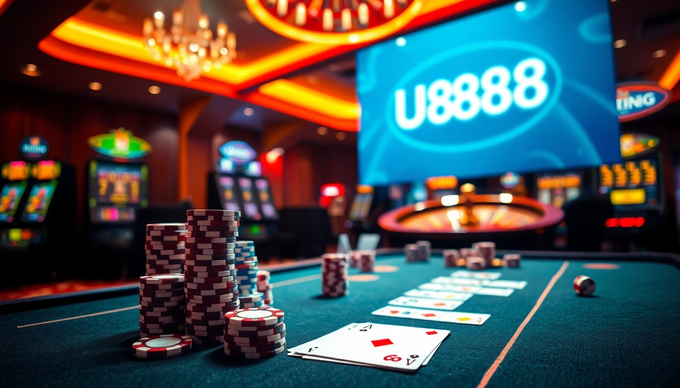 U888 online casino vibrant gaming table with poker chips and roulette wheel.