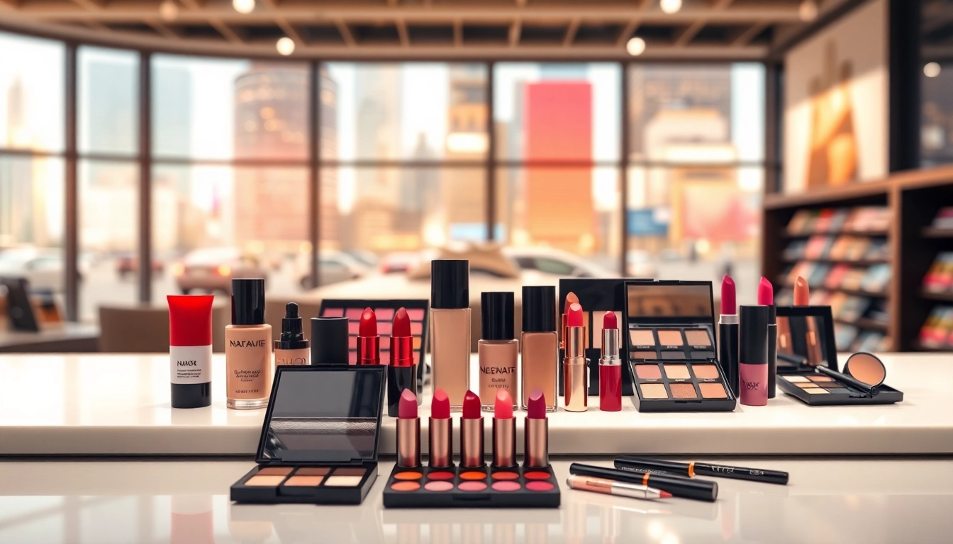 Explore makeup wholesale options with a vibrant display of cosmetics on a stylish counter.