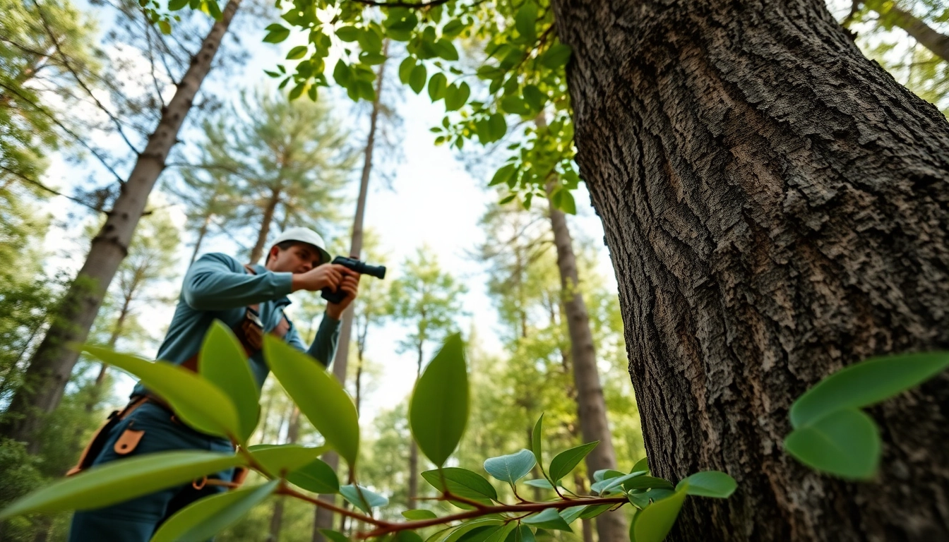 Tree Consultancy expert inspecting a tree in a beautiful green forest setting.