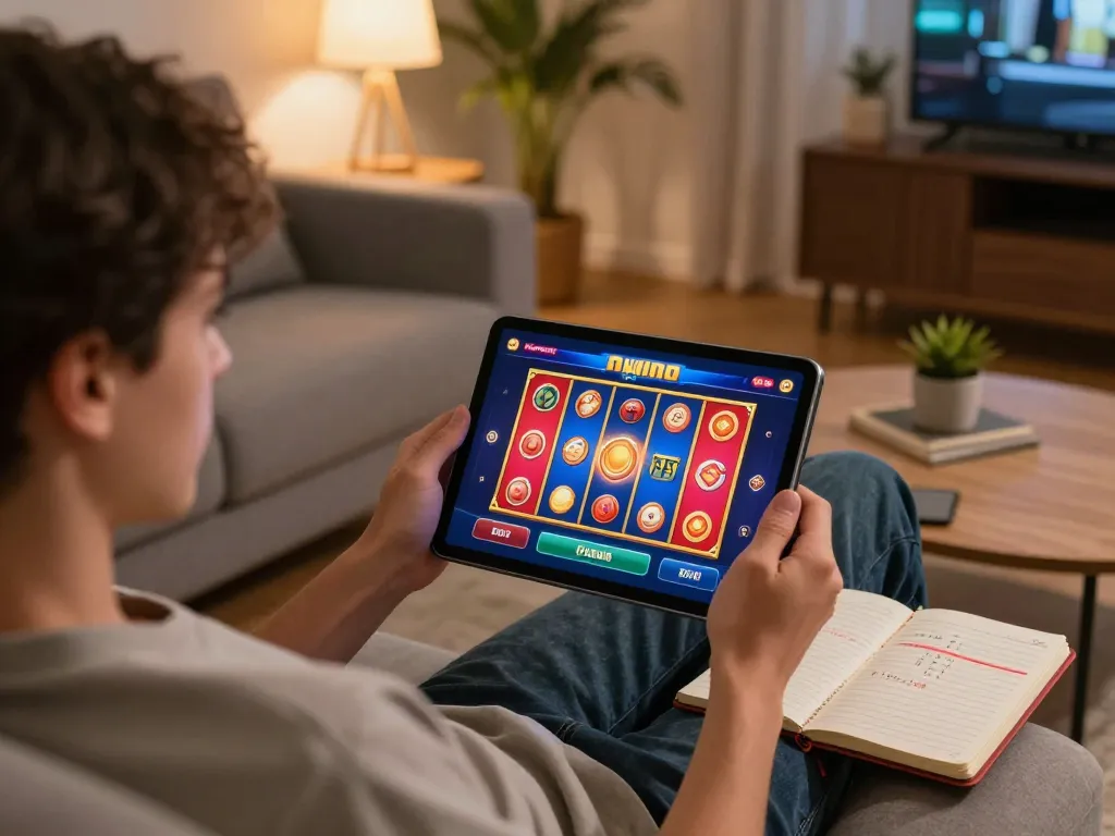 Engaging in casino online gratis senza registrazione on a tablet in a cozy home setting, showcasing vivid gaming interface.
