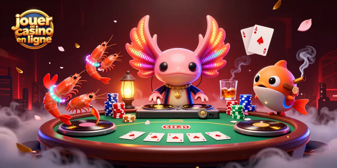 Jouer au casino en ligne avec une illustration vibrante d'un DJ axolotl et d'animaux dansants, créant une ambiance de jeu dynamique.