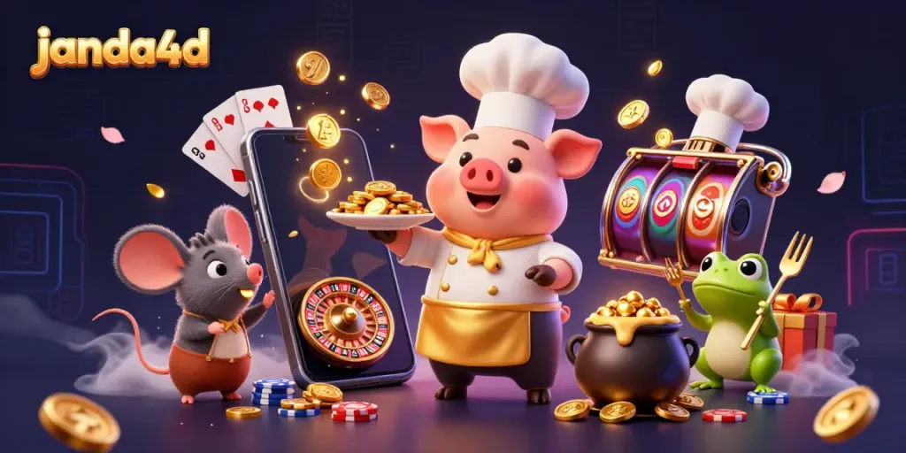 Bermain di janda4d dengan chef pig menyajikan koin emas, mouse dan frog ikut serta dalam keseruan.