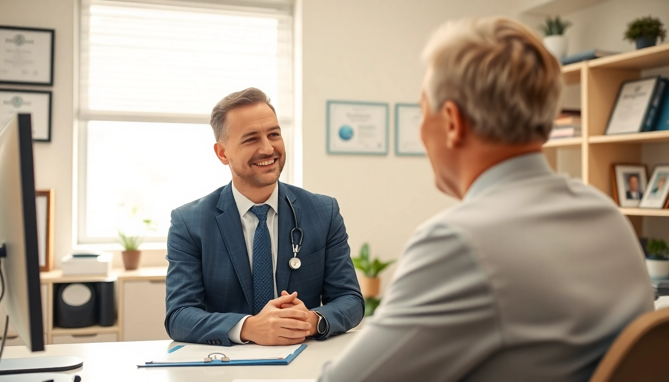 Engaging private GP consultation in a bright, professional healthcare setting.