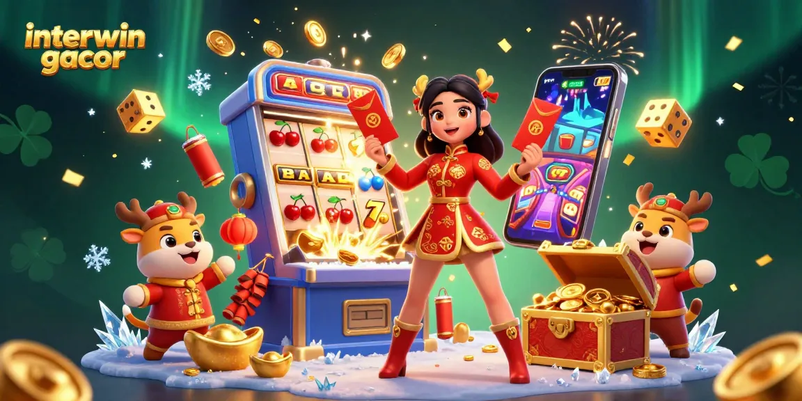 Experience thrilling wins with interwin gacor in a vibrant casino illustration showcasing lively characters and gaming elements.