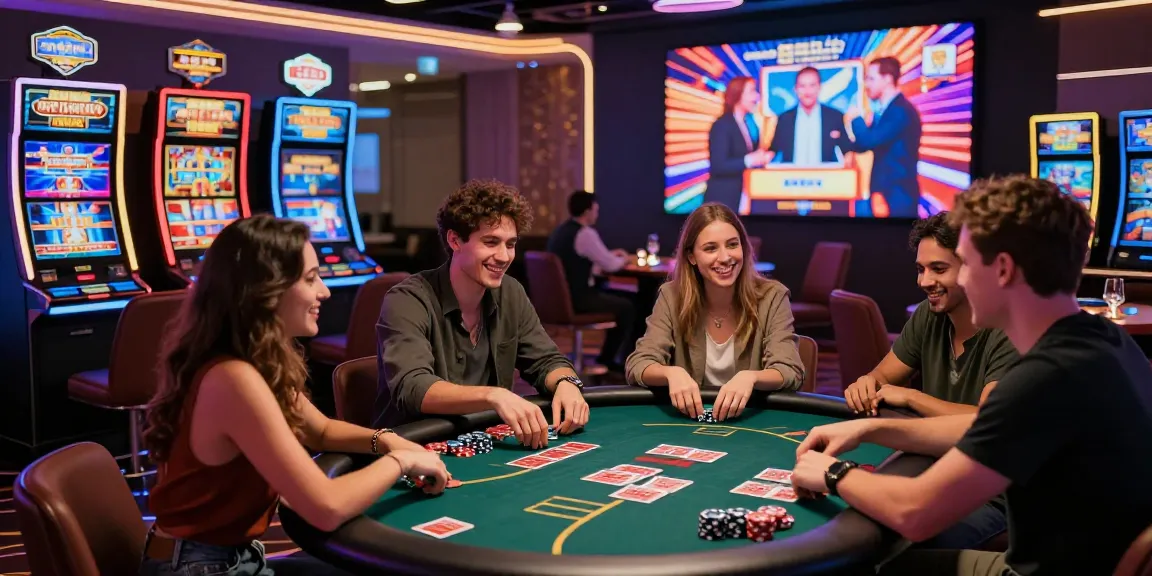 Scène dynamique de casino en ligne avis avec des amis appréciant une atmosphère de jeu vibrante.