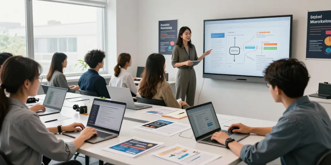 Students collaborating in a digital marketing course, mastering high-conversion ad copy techniques.