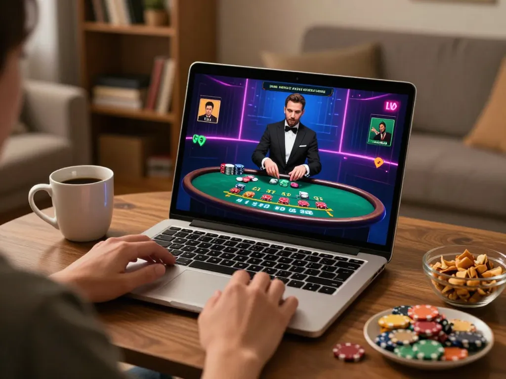 Nohu90 player enjoying live blackjack in cozy home setup, emphasizing strategic gameplay.