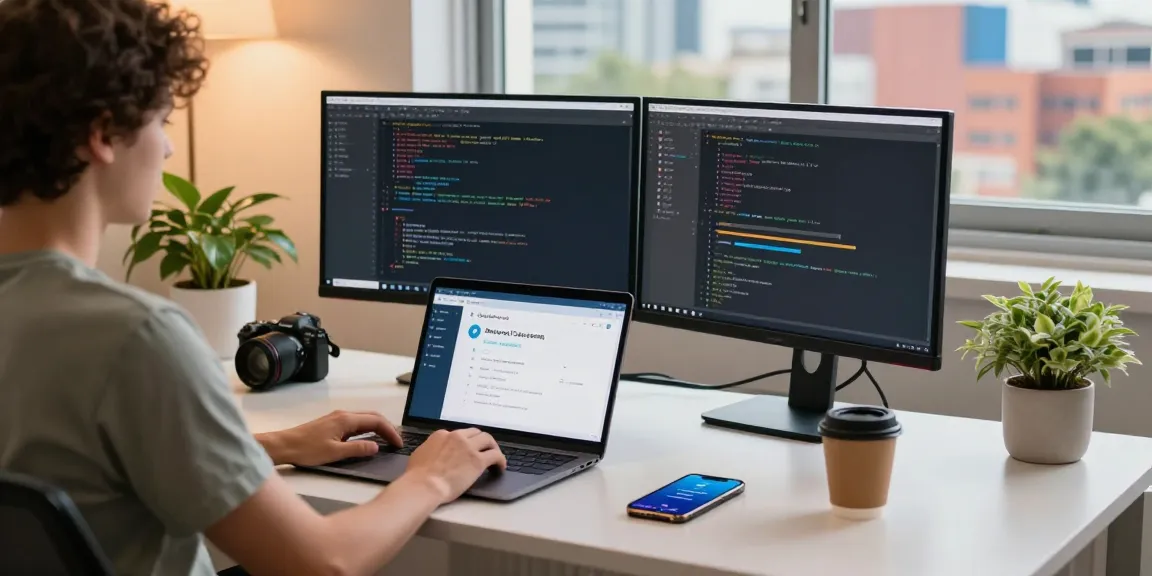 Engaging tech workspace with telegram中文版 interface visible on laptop, vibrant cityscape outside the window.