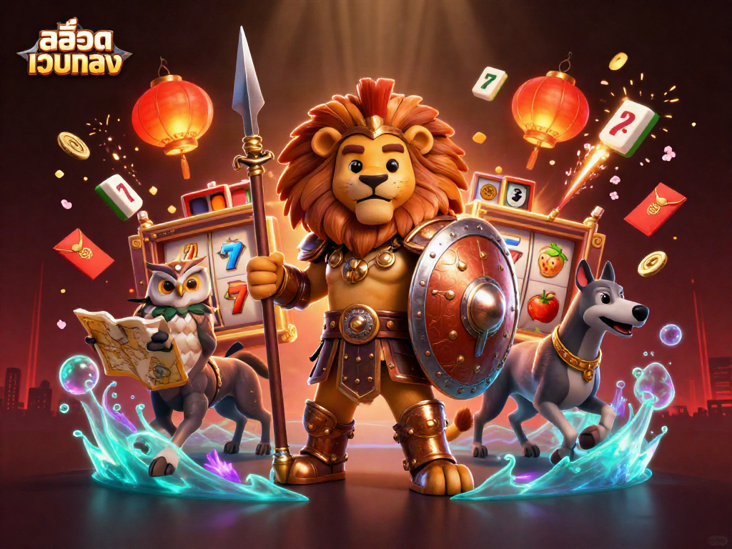 Experience the thrill of สล็อตเว็บตรง with an epic 3D illustration of a Spartan lion and his companions.