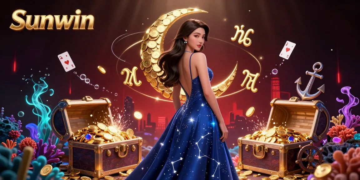 Experience thrilling gameplay at Sunwin with a stylish Asian woman amidst floating playing cards and glowing treasures.
