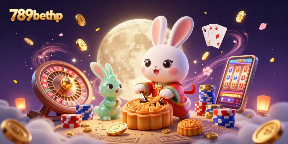 Win big at 789bethp with golden moon rabbit revealing poker chips in a vibrant 3D casino scene.