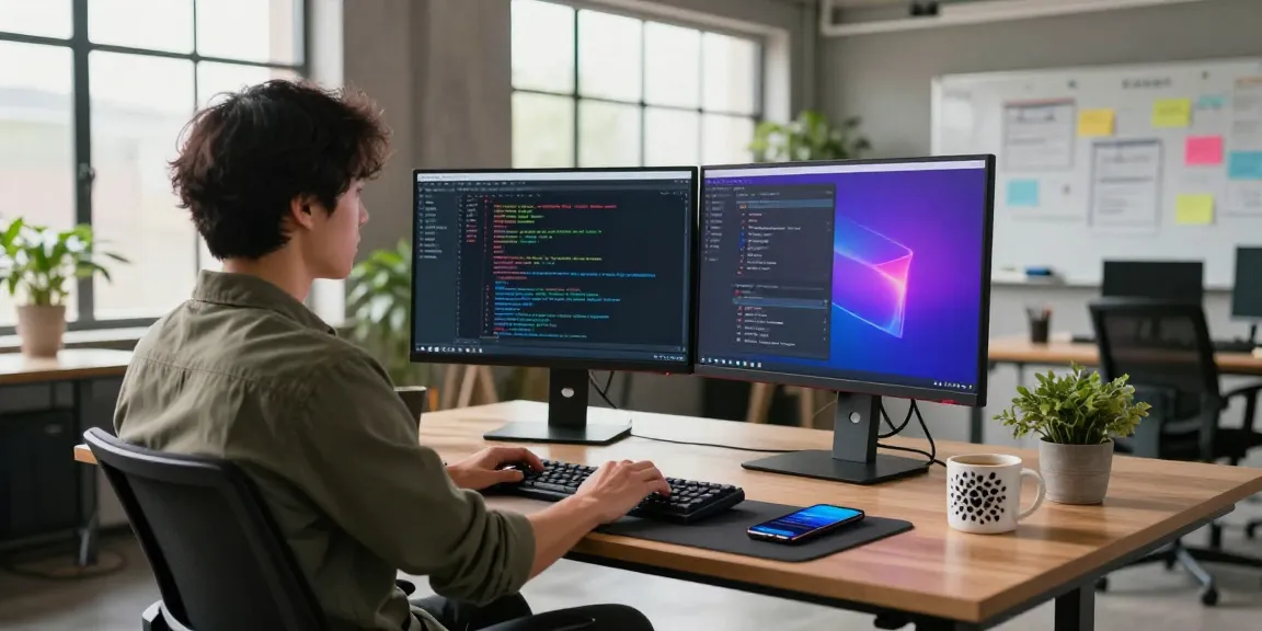 Developer using 纸飞机中文版 in a modern tech workspace with dual monitors and creative atmosphere.
