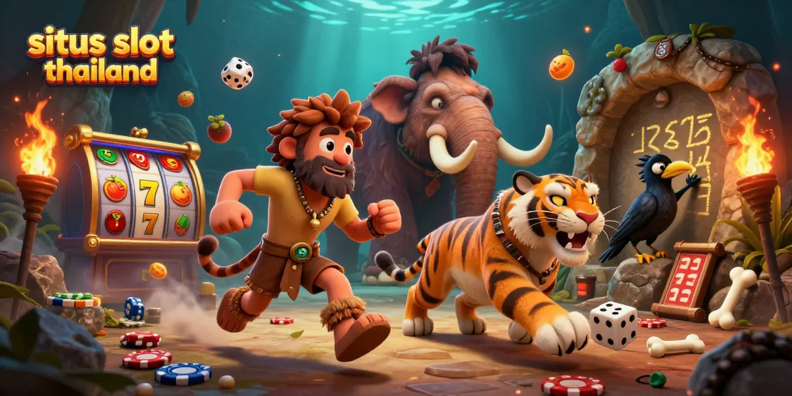 Situs slot thailand showcases a vibrant prehistoric casino scene with engaging characters and dynamic elements.