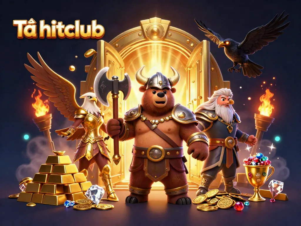 Engaging scene of Viking-themed characters celebrating treasure with Tải hitclub branding.
