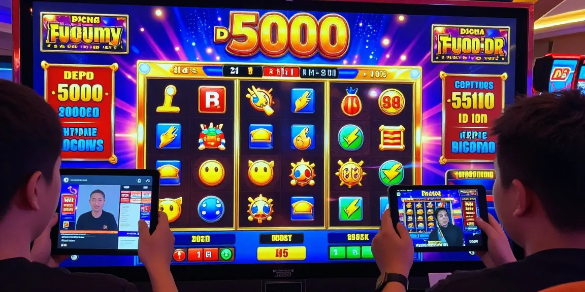 Engaging scene of players enjoying slot depo 5000 games on mobile devices in an exciting online casino atmosphere.