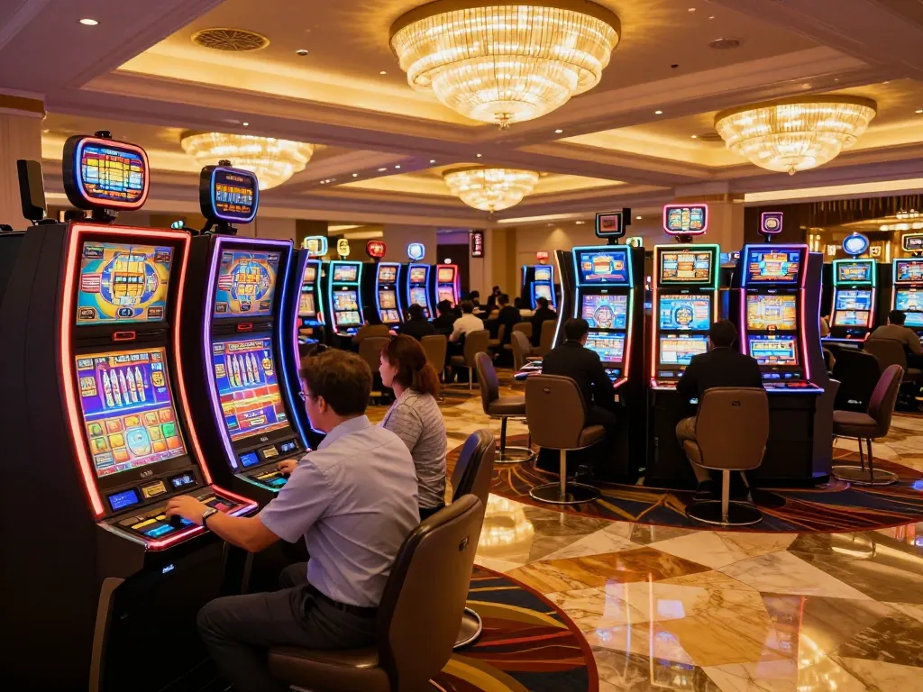 Engaged players at vibrant slot machines showcasing the excitement of slot bet 50 in a luxurious casino setting.