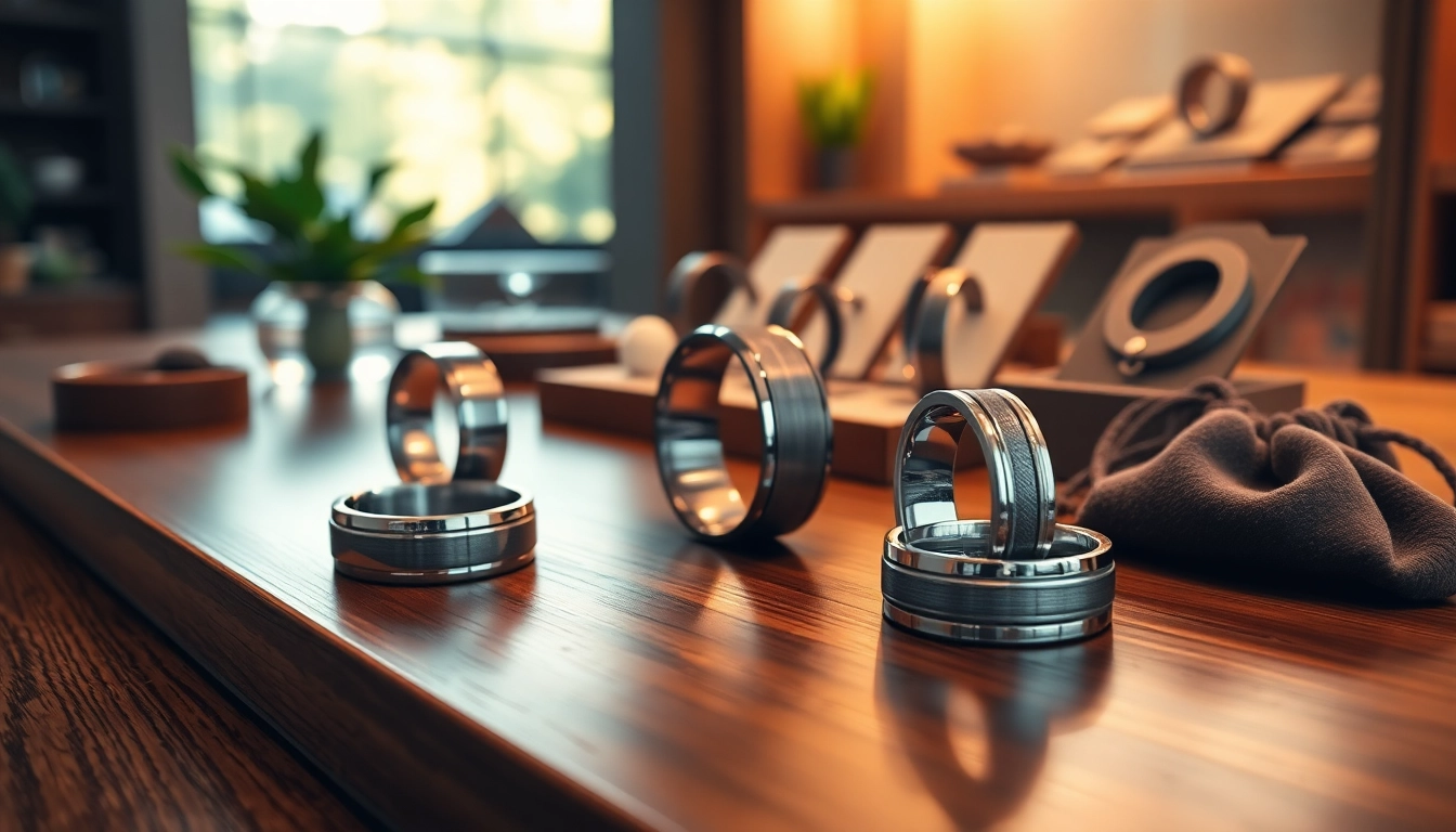 Tungsten rings displayed in a luxurious case, showcasing their elegance and intricate designs.